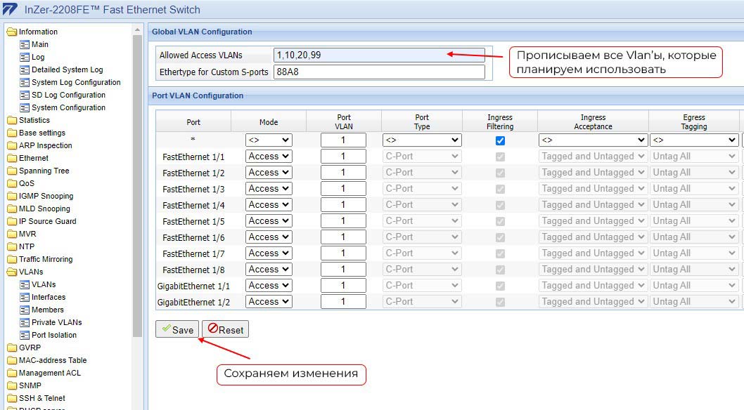 Настройка VLAN на  коммутаторах Инзер и Инзер-М